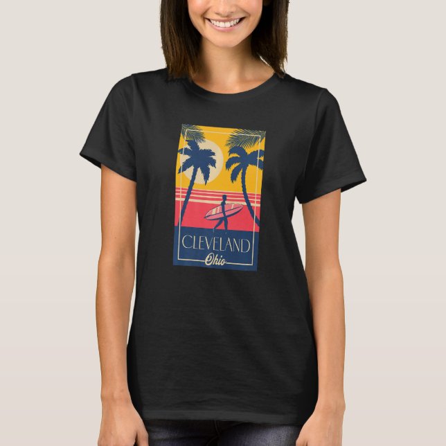 Camiseta Cleveland Ohio Retro Palm Trees Surfer Beach (Frente)