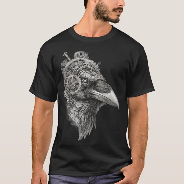 Camiseta Clockwork Raven Portrait — Pen-and-Ink Steampunk  (Frente)