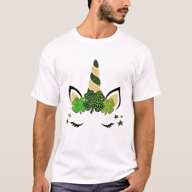 Camiseta Clover Leaf Unicorn Cabeça Rua Patrick Day Graphic (Frente)