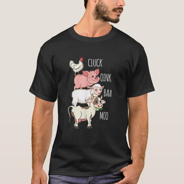 Camiseta Cluck Oink Baa Moo Galinha Suína Suína Vaca Farmer (Frente)