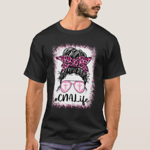 Camiseta Cna Life Messy Bun Pink Leopard Bleached Nurse D