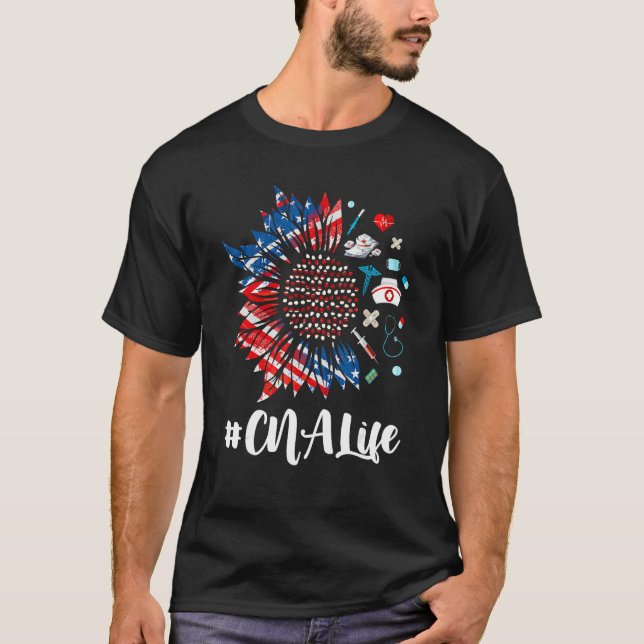 Camiseta CNA Life Stethoscope Sunflower USA Flag 4th Of Jul (Frente)