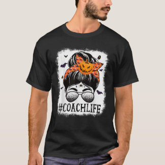 Camiseta Coach Messy Bun Spooky Pumpkin Bat Orange Hallowee