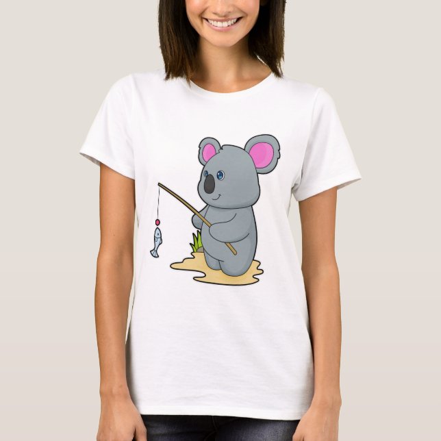 Camiseta Coala como Pescador com Vara de Pescar & Peixe (Frente)