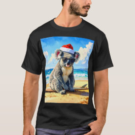 Camiseta Coala de Natal com chapéu de Papai Noel na praia e