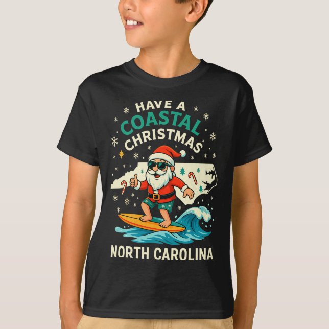 Camiseta Coastal Christmas Nc Shirt Santa Surfing Funny Wav (Frente)