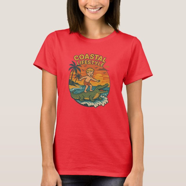 Camiseta Coastal Life Alligator Surfing Retro FL Surf Beach (Frente)