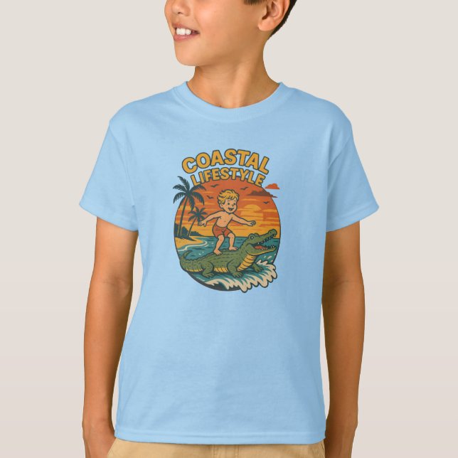 Camiseta Coastal Lifestyle Gator Surfing -Retro Beach Kid's (Frente)