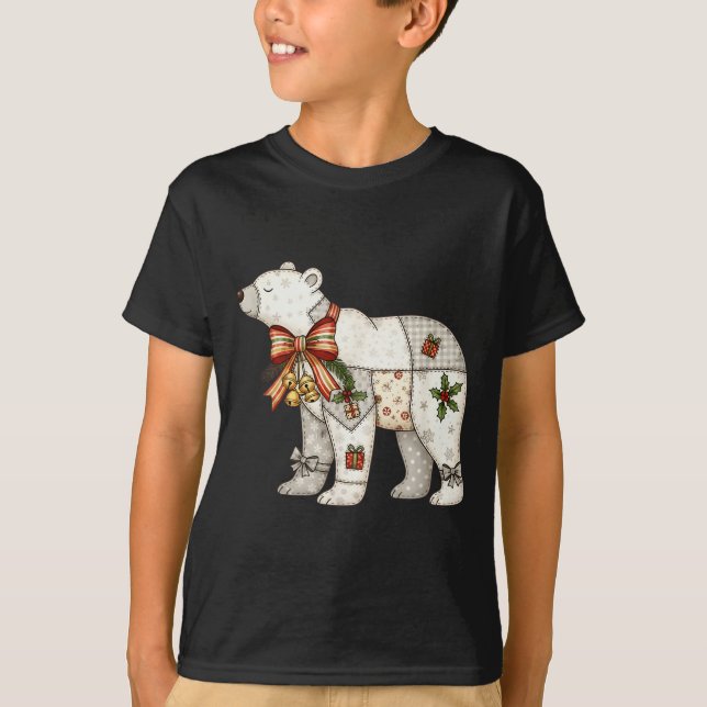 Camiseta Cobertor de Natal Fofo de Urso Polar em Patchwork  (Frente)