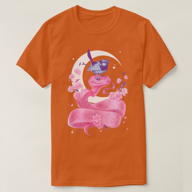 Camiseta Cobra e pássaro cor-de-rosa (Frente do Design)