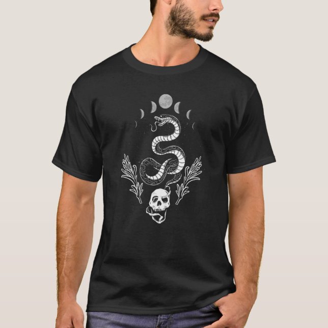 Camiseta Cobra misterioso Com Caveira E Fases Da Lua Gótica (Frente)