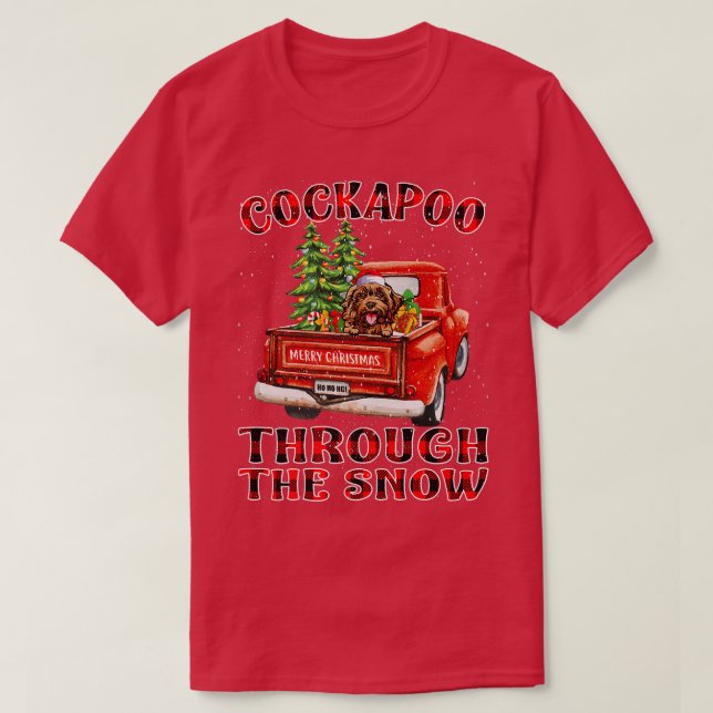 Camiseta Cockapoo Através Da Xadrez Do Caminhão De Natal Da (Frente do Design)
