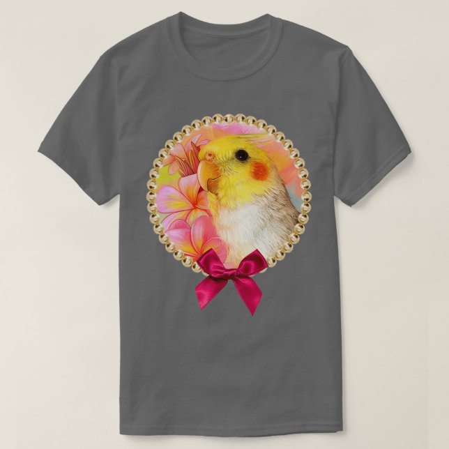 Camiseta Cockatiel com frangipani (Frente do Design)