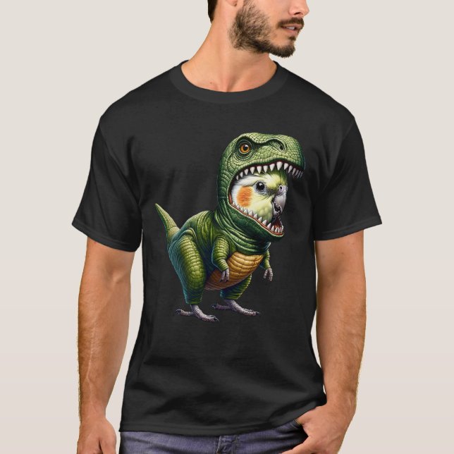 Camiseta Cockatiel Papagaio Vestindo Dinossauro Engraçado (Frente)