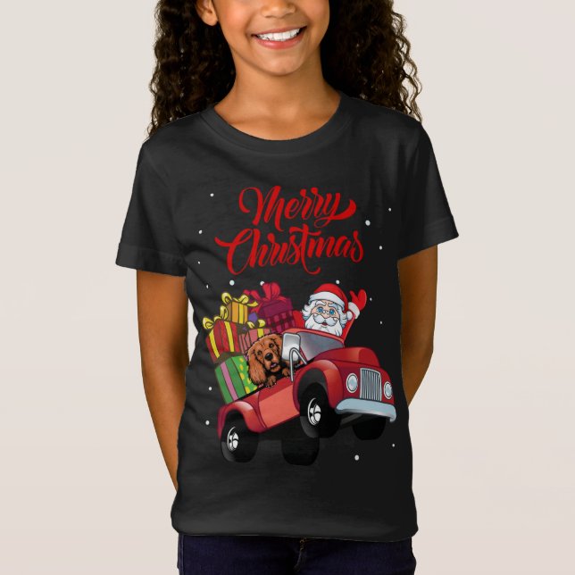 Camiseta Cocker Spaniel Com Papai Noel Em Cão Vermelho (Frente)