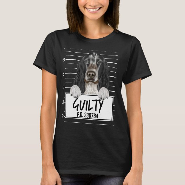 Camiseta Cocker Spaniel Inglês Mugshot Cão Culpado (Frente)