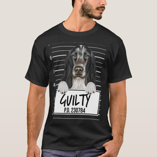 Camiseta Cocker Spaniel Inglês Mugshot Cão Culpado (Frente)