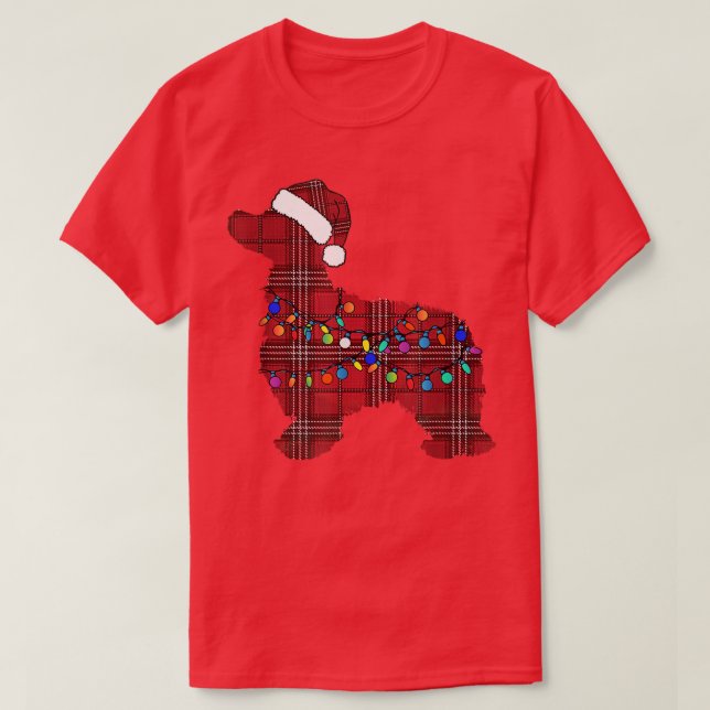 Camiseta Cocker Spaniel Santa Claus hat fairy lights ugly C (Frente do Design)