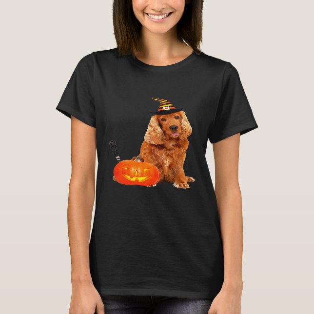 Camiseta Cocker Spaniel Witch Hat Halloween Dog Costume (Frente)