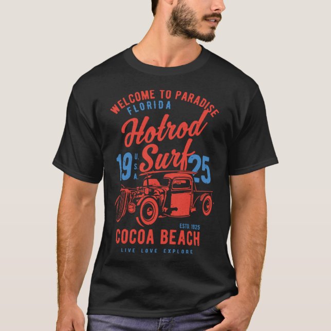 Camiseta Cocoa Beach Florida Retro Hotrod Surf Distressed   (Frente)