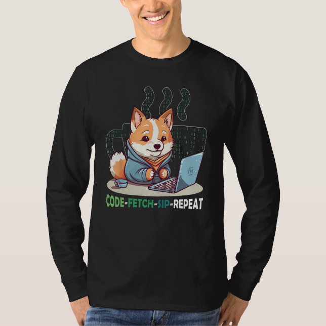 Camiseta Code Fetch Sip Repeat Coffee Binary Shiba Inu Prog (Frente)