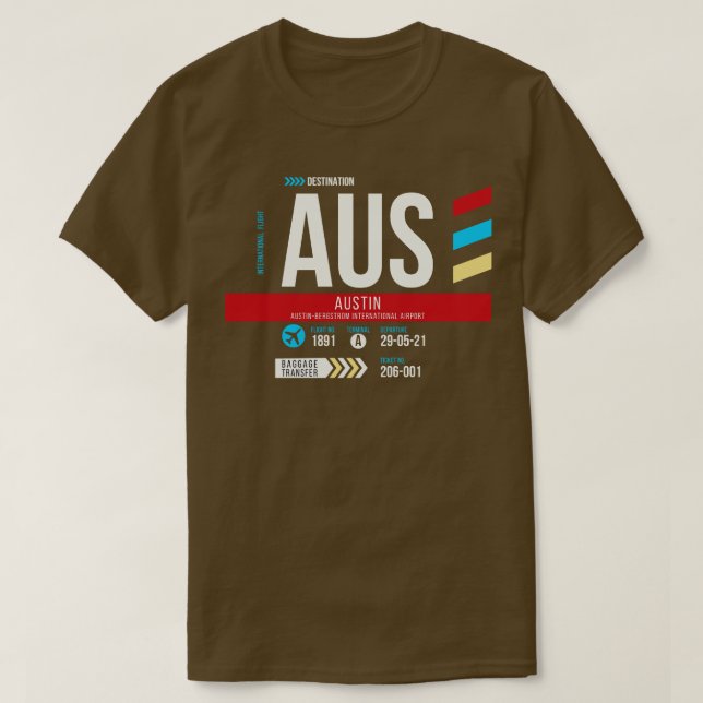 Camiseta Código de Bagagem do Aeroporto de Austin AUS 1 (Frente do Design)