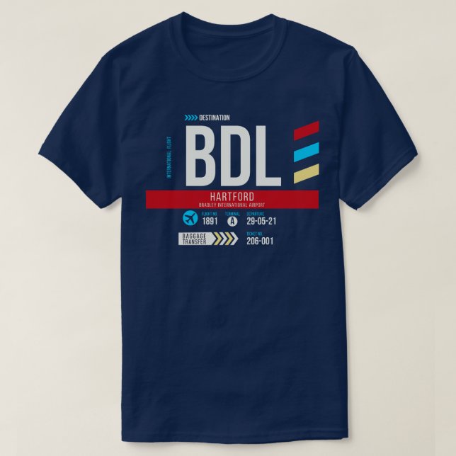 Camiseta Código de Bagagem do Aeroporto de Hartford BDL 1 (Frente do Design)