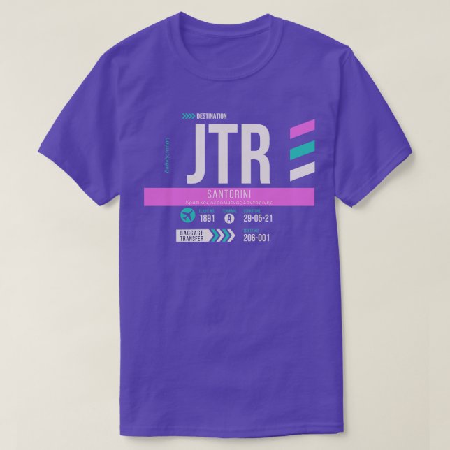Camiseta Código de Bagagem do Aeroporto JTR Santorini 1 (Frente do Design)