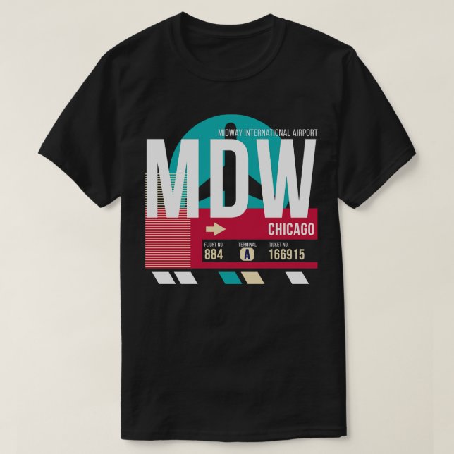 Camiseta Código de Bagagem E do Aeroporto MDW de Chicago (Frente do Design)