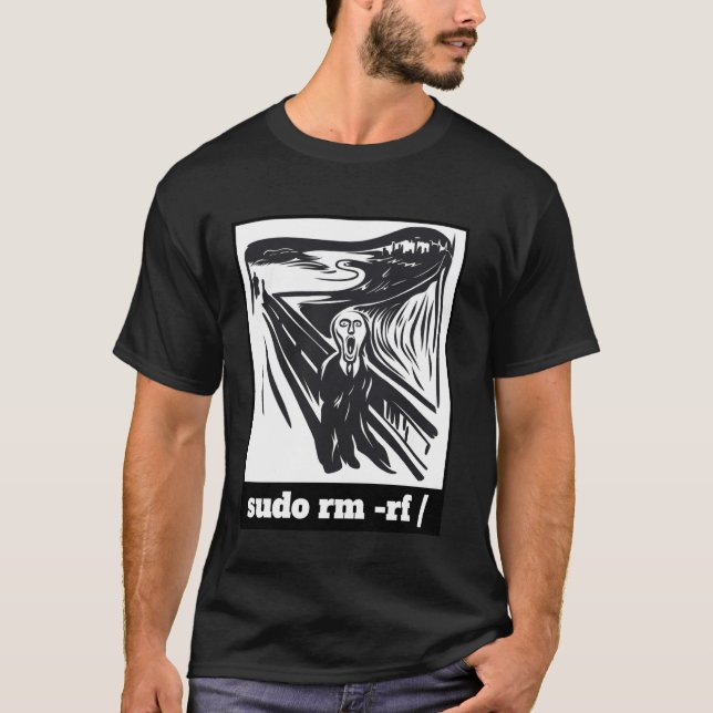 Camiseta Código de Piada do Programador Sysadmin do Sudo RM (Frente)