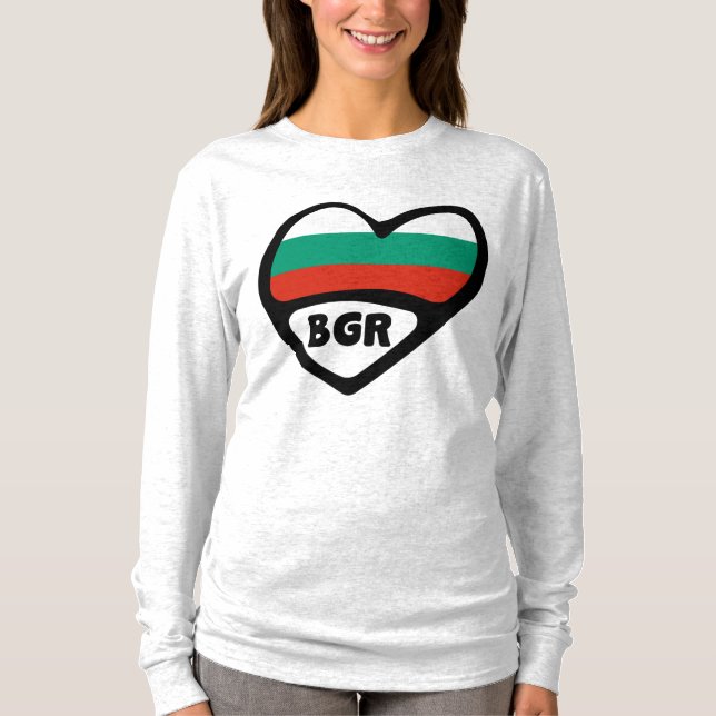 Camiseta Código do País Bulgária Sinalizador Heart, BGR (Frente)