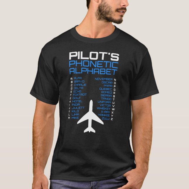 Camiseta Código fonético de aviação com símbolo de aeronave (Frente)
