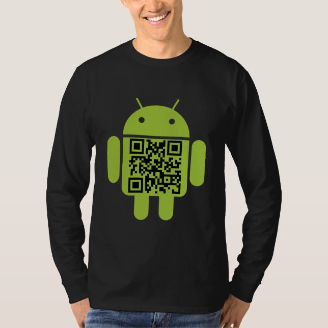 Camiseta Código QR Android Longa Folha Masculina (Frente)