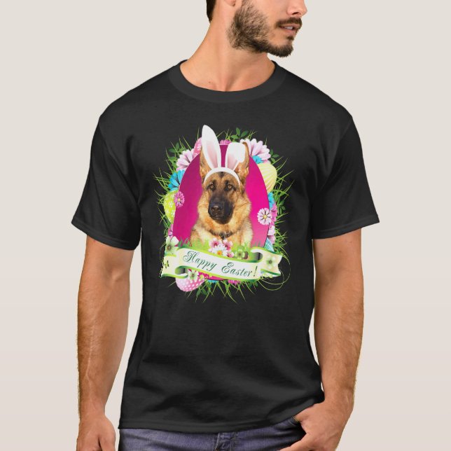 Camiseta Coelhinha German shepherd Cão Felz pascoa Dia do O (Frente)