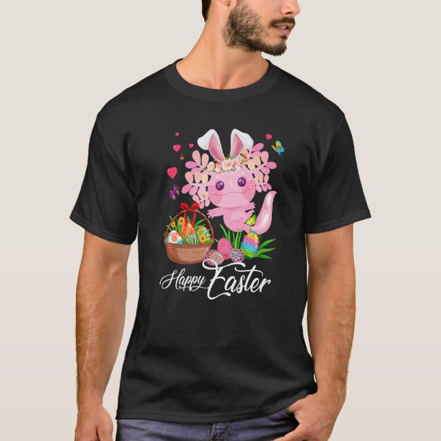 Camiseta Coelhinho Bonito Axolotl Com Cesta De Ovos De Pásc (Frente)