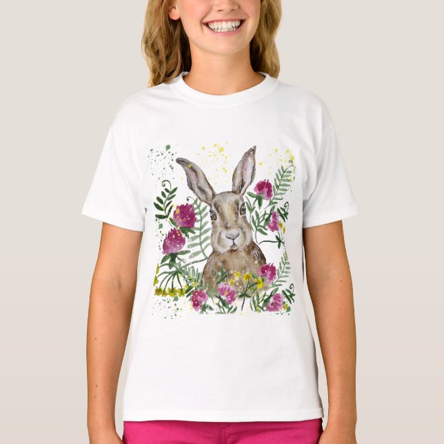 Camiseta Coelhinho bonito em flores aquáticas (Frente)