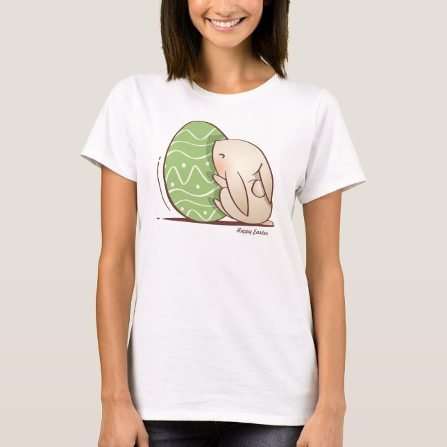 Camiseta Coelhinho Bonito Empurrando Ovo de Páscoa Verde (Frente)