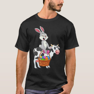 Camiseta Coelhinho Bonito Montado em Vaca Feliz Páscoa Vaca