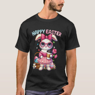 Camiseta Coelhinho da Páscoa Fofo Bebendo Café Gelado Laço