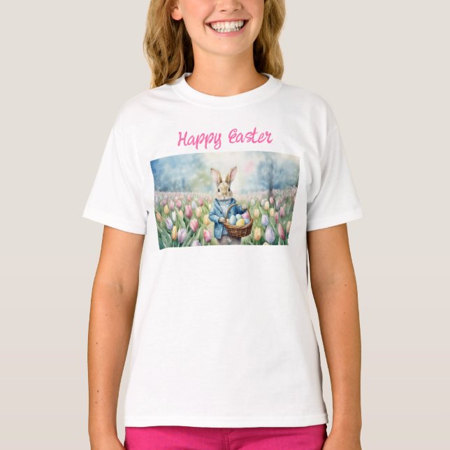 Camiseta Coelhinho da Páscoa num campo de Tulips (Frente)