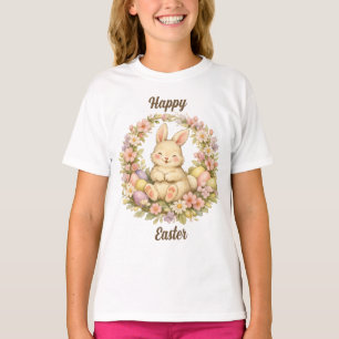 Camiseta Coelhinho da Páscoa Vintage com Coroa Floral Feliz