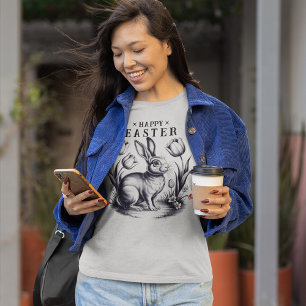Camiseta Coelhinho de Felz pascoa com Tulipas com Tinta Ret
