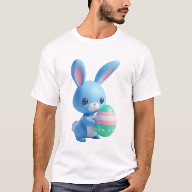 Camiseta Coelhinho de Páscoa 3D Repleto Segurando um Ovo Co (Frente)