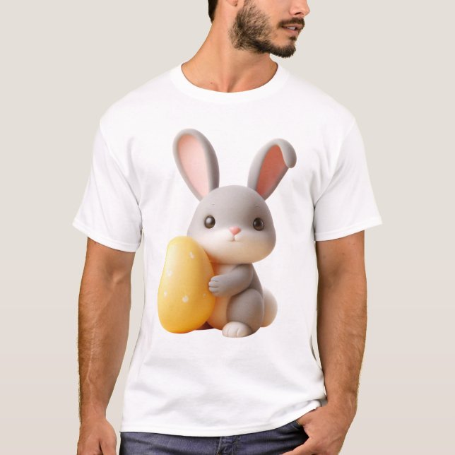 Camiseta Coelhinho de Páscoa 3D Segurando Um Ovo Vibrante (Frente)