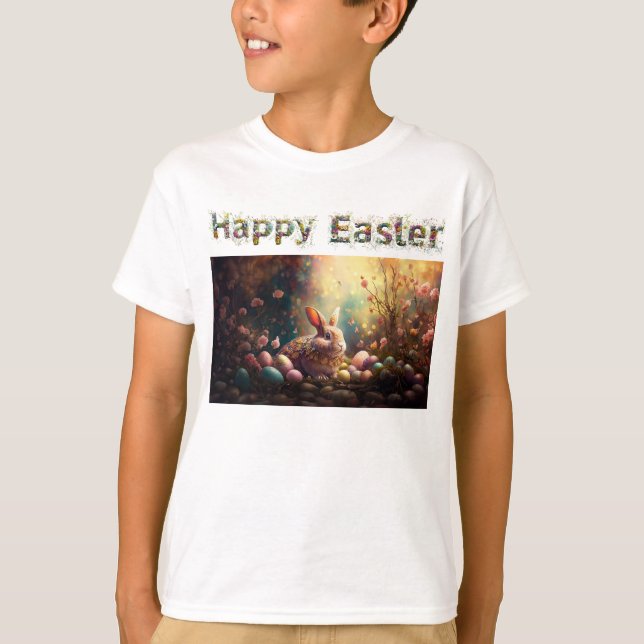 Camiseta Coelhinho de Páscoa com Felz pascoa de Ovos de Pás (Frente)