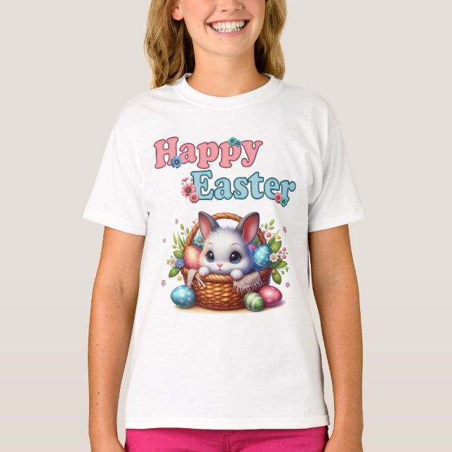 Camiseta Coelhinho de Páscoa giro em cesto com ovos e flore (Frente)