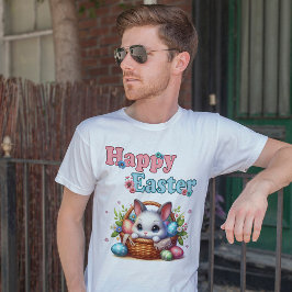 Camiseta Coelhinho de Páscoa giro em cesto com ovos e flore