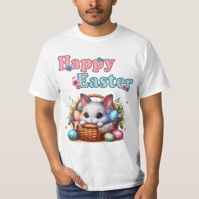 Camiseta Coelhinho de Páscoa giro em cesto com ovos e flore (Frente)