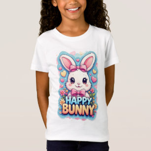 Camiseta Coelhinho Feliz Laço Rosa Meninas Estilo Fofo 🐰