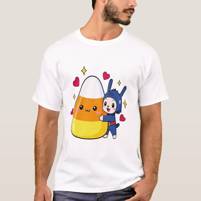 Camiseta Coelhinho Fofo Abraçando Candy Corn (Frente)